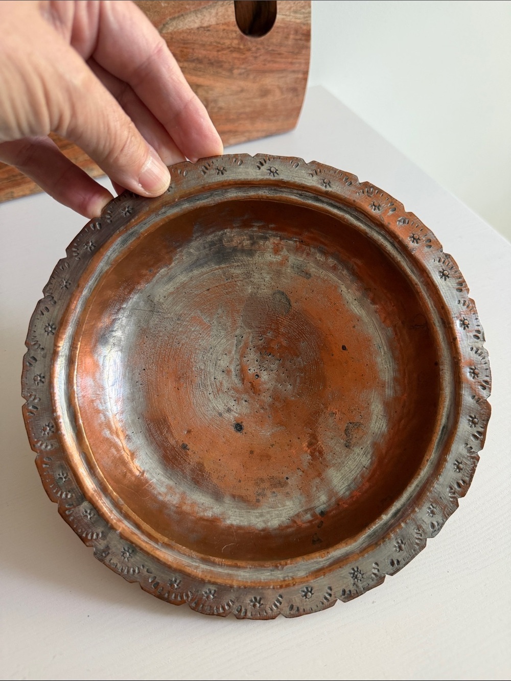 Vintage Hand-Hammered Copper Plate with Scalloped Stamped w/ Florals Rim